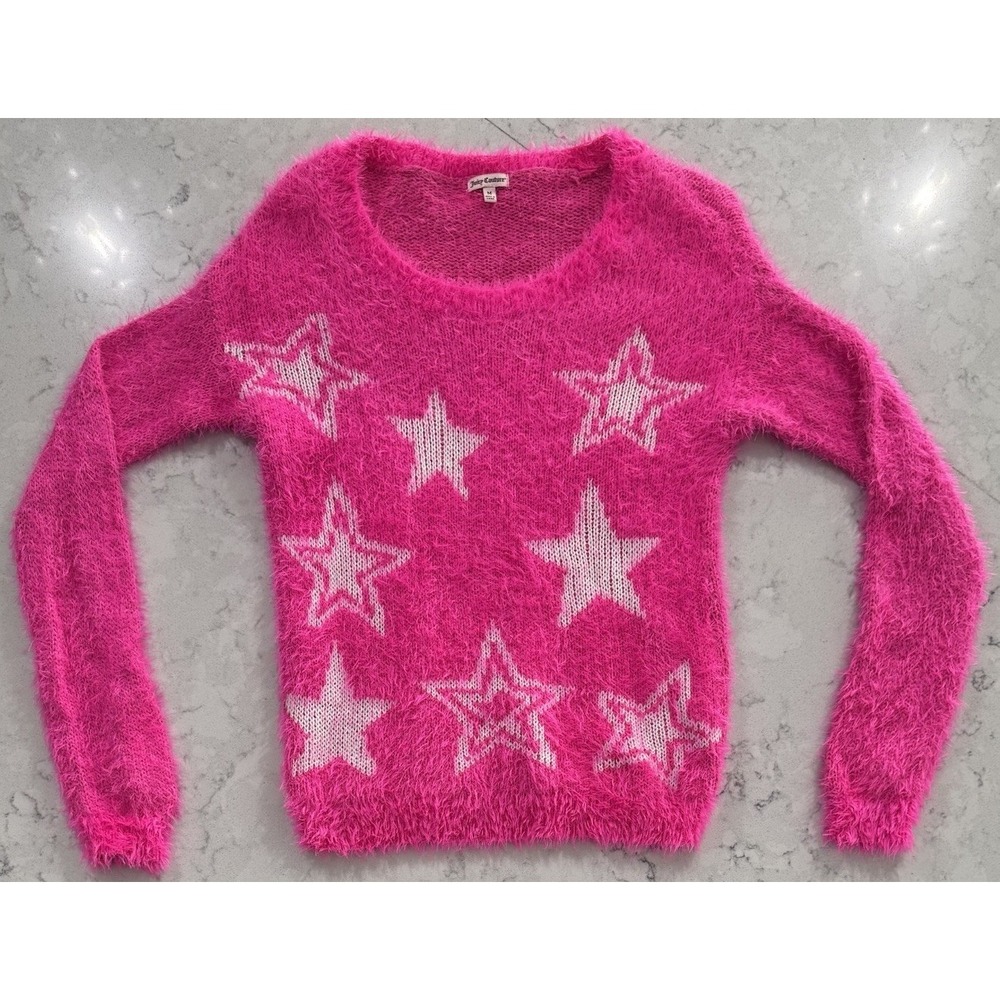 Juicy Couture Fuzzy Star Sweater Womens Medium Hot Pink Crewneck Knit Pullover